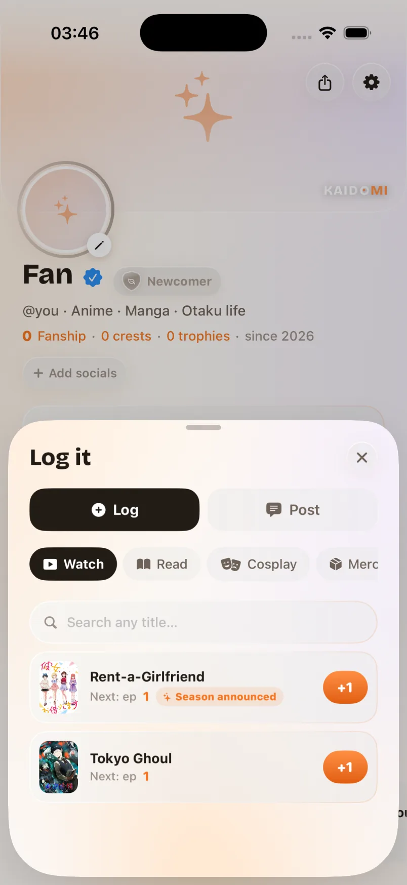 Kaidomi quick action sheet with Watch, Read, Cosplay and Merch actions